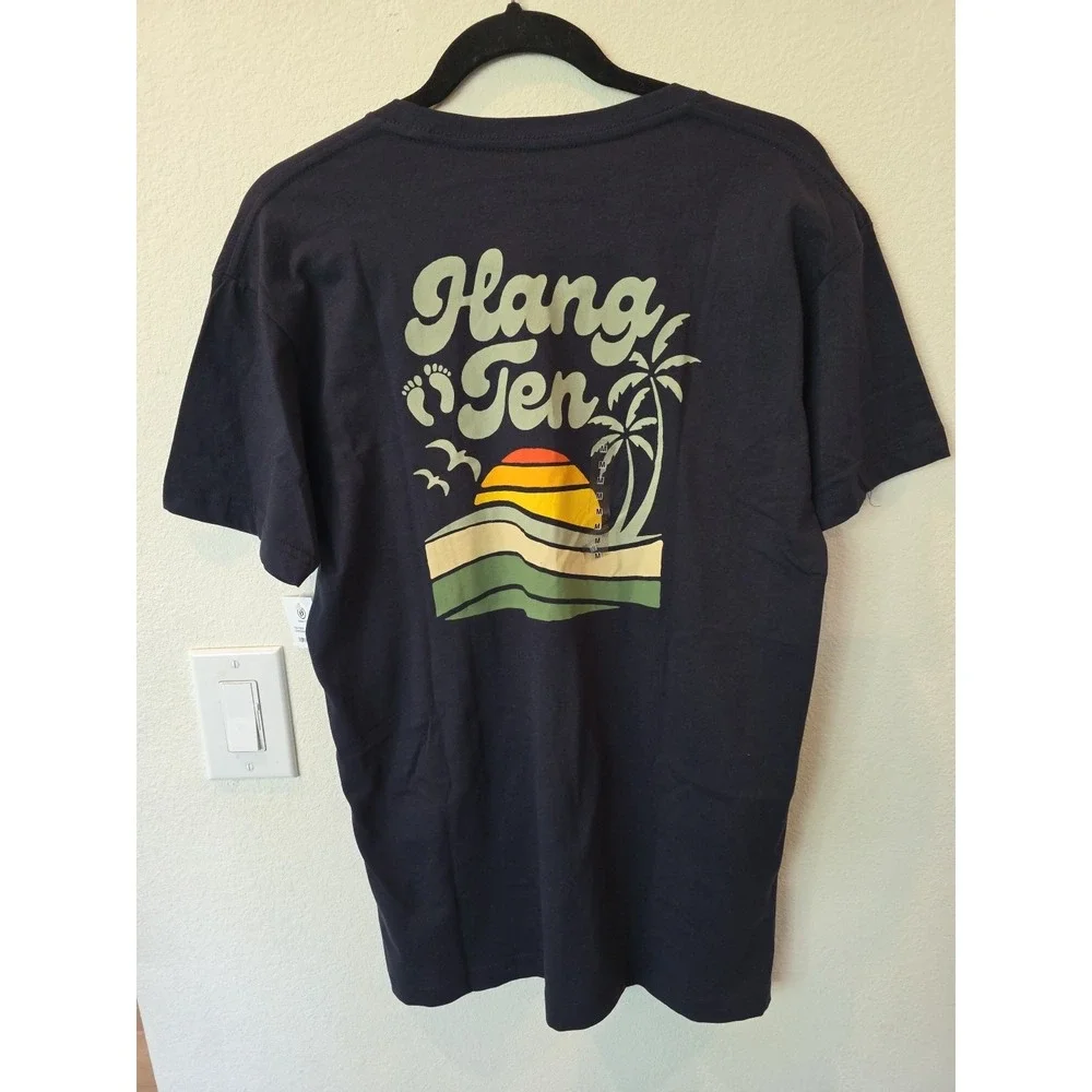 Hang Ten Mens Sundown Tee Navy Sz M SpelloutFront‎ And SunsetBack 100%Cotton NWT